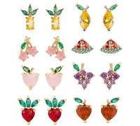 SHOWERORO 8 Pairs Tropical Fruit Earrings for Women Cute Zircon Studs with Cherry Lemon Pineapple Strawberry Peach Apple Grape Watermelon Designs Lovely Chic Ear Jewelry for Party Dating