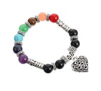 SHOWERORO 8Mm Natural Black Agate Bracelet with Green Heart Dongling Stone, 19Cm Yoga Buddhist Seven Chakras Stretch Wrist Chain for Women, Gemstone Jewelry Wrist Decor for Party