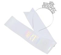 SHOWERORO Birthday Rhinestone Princess Crown Headband with White Iridescent Sash Set for Women Birthday Party Hair Accessory