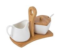 SHOWERORO Ceramic Sugar Bowl and Creamer Set with Bamboo Handle, White Porcelain Household Storage Pot with Spoon and Tray for Kitchen and Dining Table