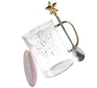 SHOWERORO Glass Coffee Cup with Lid and Spoon Set, Star-Shaped Pink Glass Mug 450Ml, Tea and Water Drinking Cup for Home and Office Use