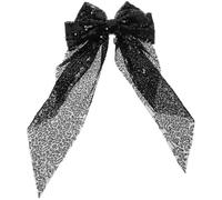SHOWERORO Large Black Sequin Bow Hair Clip with Ribbon for Ponytail Glitter Butterfly Hair Accessory for Women Big Sparkly Bow Clip