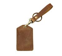 SHOWERORO Leather Key Chain Holder Crazy Horse Yellow Brown Cover for Students Id Badge Coins Holder Bag for Bus Pass Credit Cards and Cash Present for Daily Use