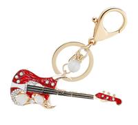 SHOWERORO Metal Guitar Keychain with Red Rhinestones, Creative Backpack Pendant and Bag Accessory, Lightweight Metal Guitar Keyring for Boys and School Bags