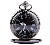 SHOWERORO Retro Classic Round Dual Display Pocket Watch with Roman Arabic Numerals, Black Dial with White Hands, Vintage Steampunk Style with Thin Black Chain for Men