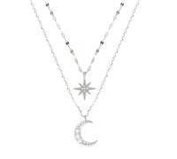 SHOWERORO Sterling Silver Layered Moon and Star Rhinestone Choker Necklace for Women, Double Layered Crescent Pendant Cross Collarbone Chain, Elegant Jewelry Gift for Daily Wear