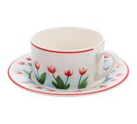 SHOWERORO Vintage Ceramic Coffee Cup Set with Red Rimmed Saucer, 2pcs Retro Latte Art Mug for Office and Household Tea Drinking