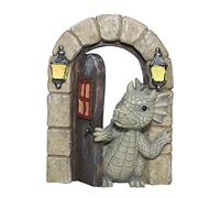 SHOWFEICAT Dragon Garden Ornament Resin Craft Ornament Statue Fairy Door Yard Art Outdoor and Garden Solar Light Luminous Sand Open Door Dragon Wall Statue Outdoors Decor (Open The Door)