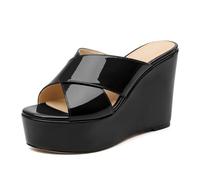SHOWFOREST Wedge Sandals for Women Platform High Heels, Open Toe Backless Slip on Wedge Mules, Cute Cross Strap Slides Shoes, 4.5 Inch Summer Heels for Party & Beach, Black, 5.5 UK