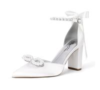 ShowHow Women's Closed Pointed Toe Pearl Heels Comfortable Chunky Block Pumps Rhinestone Bow Prom Ankle Strap Heels for Women Wedding Shoes with Pearl for Bride Wedding Heel, White Satin, 3 UK