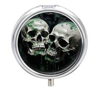 Showing Two Skulls Pill Box Cute Round Pill Case Portable Medicine Tablet Vitamin Holder Organizer for Purse Pocket