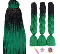 ShowJarlly Box Braid Hair Extensions, 24inch Black/Dark Green Ombre Jumbo Braid Hair, 3Packs Synthetic Jumbo Braiding Hair Extension Afro Hair Extensions for Braiding Crochet Twist Braids
