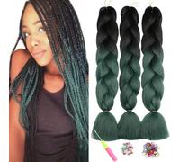 ShowJarlly Box Braid Hair Extensions, 24inch Black/Dark Green Ombre Jumbo Braid Hair, 3Packs Synthetic Jumbo Braiding Hair Extension Afro Hair Extensions for Braiding Crochet Twist Braids