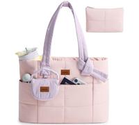 SHOWKOO Puffer Tote Bag for Women, Lightweight Quilted Tote Handbag with Mini Pouch, Nurse Bag for Travel College & Daily Use, Pink