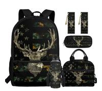 Showudesigns American Flag Deer School Backpack for Boys with Lunch Bag 17inch Kids Bookbag Primary School Backpack Pencil Case Bookmark Secondary School Bag Water Bottle Holder