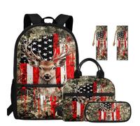 Showudesigns American Flag Deer School Bags Set for Boys 7-10 10-12 Kids Backpack and Lunch Bag Pencil Case Bookmark 17inch Children Bookbag for Elementary Middle Bag Packs