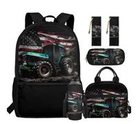 Showudesigns American Flag Tractor Backpack with Lunch Box Boys Kids Bookbag Lunch Bag Pencil Pen Box Water Bottle Holder Bookmark Primary School Bag with Front Pocket