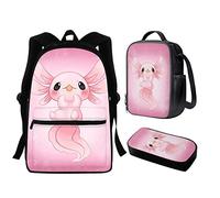 Showudesigns Axolotl School Bags for Teen Girls Backpack Lunch Box Pencil Case 3 in 1 Children Middle School Backpacks Kids 15.6 inch Bookbag Shoulder Bag Beach Sunset Pink