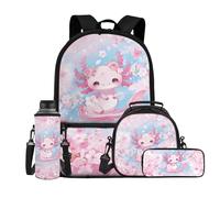 Showudesigns Backpack for Middle School Girls Bookbag with Lunch Box and Pencil Case Set, Cherry Blosssom Axolotl, One Size