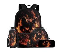 Showudesigns Backpack for Middle School Girls Bookbag with Lunch Box and Pencil Case Set, Wolf Flame, One Size