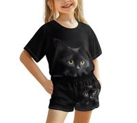 Showudesigns Black Cat Girls Short Pyjamas 5-6 Years Old Cute Nightwear Graphic Short Sleeve Pjs Sets Kids Casual Crewneck Sleepwear Pajamas Sets 2 Piece Outfits