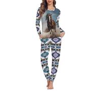 Showudesigns Boho Horse Pyjamas for Women Long Sleeve Lounge Outfits With Pockets Womens Pyjama Sets Soft Sleepwear Loungewear Tribal Navajo Nightwear Ladies Pjs Sets Small Nightwear