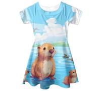 Showudesigns Capybara Dresses for Girls 10-12 Years Summer Dresses Cowhide Blouses & Button-Down Shirts Short Sleeve Off Shoulder Skirts Princess Dress Cute Hamster Blue