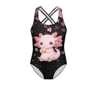 Showudesigns Cherry Blossom Axolotl Bathing Suits for Girls Age 8 10 One Piece Beachwear Cute Sleeveless Swimsuit for Swimming Pool Dance Travel Summer Swimwear Black