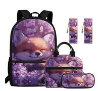 Showudesigns Cute Fox Backpack for School Girls 6-8 8-10 Elementary Bookbag with Lunch Box Pencil Case Bookmark 4Pcs/Set Cherry Blossom 17inch Backpacks for Primary Middle