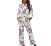 Showudesigns Cute Hippo Pyjama Sets for Women Soft Sleepwear 2 Piece Pyjamas Button Front Shirt and Pants Summer Fall Clothes Nightwear Tops Notch Collar Pj Grey Large