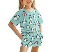 Showudesigns Cute Penguin Girls Pyjamas 5-6 Years Old Summer Nightwear Short Sleeve Sleepwear Pjs Sets Kids 2 Pcs Clothes Sleep Shirts Tops Pants with Pocket