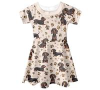 Showudesigns Dachshund Girls Dresses 6 Years Dog Paw Outfits Short Sleeves Dress for Little Girls Big Girls Elegant Dress Knee Long for Spring Summer Tops Beige