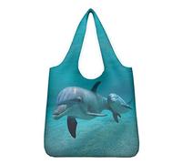 Showudesigns Dolphin Reusable Shopping Bag Folding Totes Grocery Boutique Bag Long Handle Shopper Travel Handbag Portable Carry Bag Heavy Duty Washable