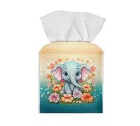 Showudesigns Floral Elephant Tissue Box Cover - Square PU Leather Holder With Bottom Belt for Christmas - Organizer for Bathroom, Bedroom, Office Desk - Home Decor Napkin Dispenser