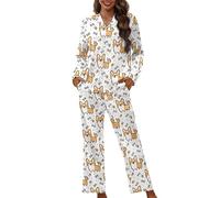 Showudesigns Funny Corgi Pyjamas for Women Cute Long Sleeve Pyjama Set Lightweight Button Down Blouses Elastic Pants With Pockets Bone Star Fall Sleepwear Comfortable Outfit White Large