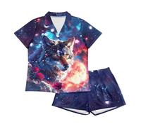 Showudesigns Galaxy Wolf Women's Pyjama Sets Medium Short Pjs Shirts and Pants Soft Pyjama Set Button Down Sleepwear 2 Piece Outfit Nightwear Birthday Gifts Rose Moon Night Star