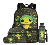 Showudesigns Green Axolotl Girls Backpack for Primary School Bookbag Math formula School Backpacks with Lunch Bag Pencil Case Water Bottle Holder 4Pcs Water Resistant School Bags for Kids