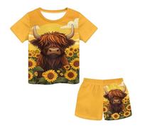 Showudesigns Highland Cow Pyjamas for Kids Girls 7-8 Short Sleeve Nightwear Pjs Sunflower Summer Pajamas Sets 2 Pcs Lounge Outfits Casual Sleepwear Yellow