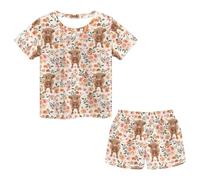 Showudesigns Highland Cow Short Pyjamas for Girls 9-10 Years Old Cute Loungewear Short Sleeve Nightwear Pjs Sets Kids Two Piece Clothes Sleep Shirts Shorts Brown