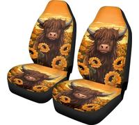 Showudesigns Highland Cow Sunflower Front Seat Covers - 2 Pcs Vehicle Seat Protector Mat Covers for Most Car, Truck, SUV or Van - Western Cattle Design