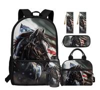 Showudesigns Horse School Backpack for Boys 8-12 Primary Bookbag with Lunch Box and Pencil Case Water Bottle Bag Bookmark 5Pcs American Flag School Backpacks 17inch Kids Schoolbags