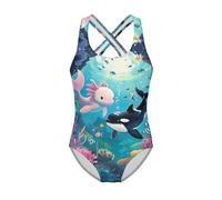 Showudesigns Killer Whale Swimsuits for Girls Age 12 14 One Piece Bathing Suit Cute Axolotl Criss Cross Summer Swimwear Sleeveless Bathing Suits for Swimming Pool Travel Beachwear