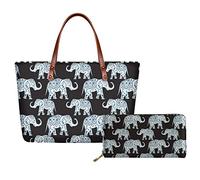 Showudesigns Mandala Elephant Women Purses And Handbags Tote Bags for Girls Ladies Handbags Shoulder Bag Soft Leather Long Wallet Clutch Gifts Black Lotus