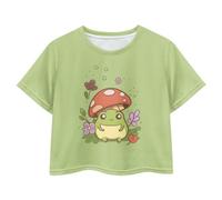 Showudesigns Mushroom Frog Girls Crop Tops Age 12-14 Cute T Shirts Casual Loose Active Short Pullover Tee Shirt Teens Clothing Activewear Cute Outfits Shirts Green