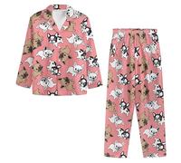 Showudesigns Pug Womens Pyjama Sets Loungewear Two Piece Pjs Set Button Up Pyjamas for Women Oversized XL Sleepwear Nightwear Long Sleeve Top With Pants V-Neck Sleep Shirt