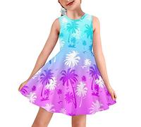Showudesigns Tropical Palm Tree Dress for Kids Girls Dresses 9-10 Years Loose Fit Clothes Casual Flared Midi Dress Pull On Little Girls Dresses for Summer Coconut Tree Purple