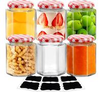 Showvigor 6pack Glass Jam Jars with Red Gingham Lid - 280ml/9oz - Hexagonal Storage Glass Jars, Clear Airtight Jar for Pickling, Chutney, Jam, Coffee
