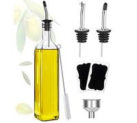 Showvigor Olive Oil Dispenser Bottle, Oil and Vinegar Cruet Bottle 17oz/500 ml, Square Tall Glass Oil Container with 2 Stainless Steel Pourers, 2 Labels,1 Brush and 1 Funnel Oil Bottles for Kitchen