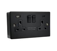 Shp 2 Gang 13A Double Socket - 3mm Matt Black Metal Thin Plate With Usb (A & C) Ports & 35mm Surface Box