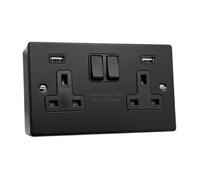 Shp 2 Gang 13A Double Socket - 3mm Thin Plate Matt Black Metal With Usb Ports (Type A&a) And 35mm Surface Box